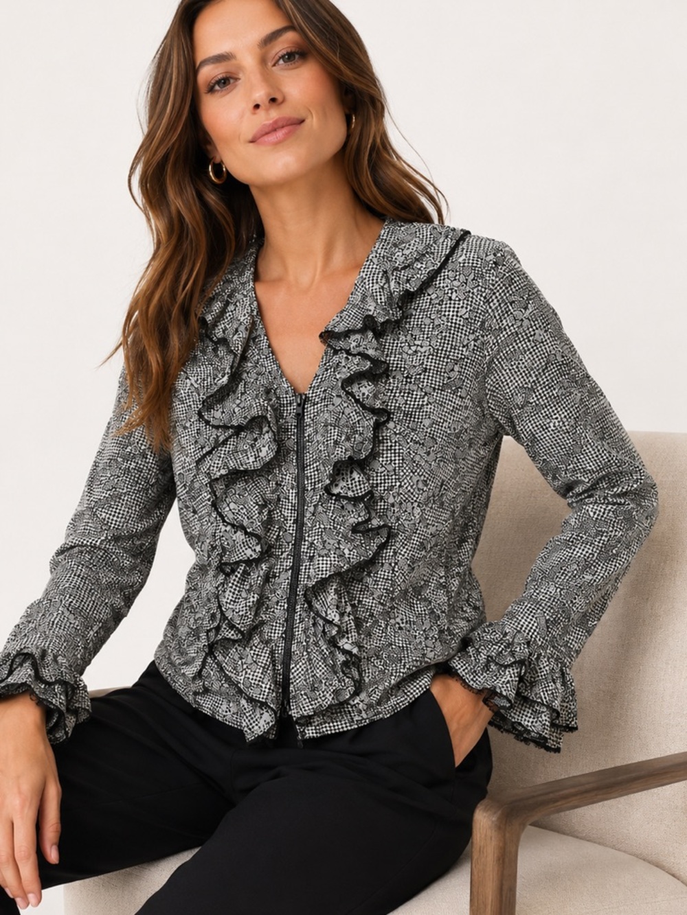 Anne Fontaine Blazer Houndstooth Zip Front Ruffle black white gingham vtg